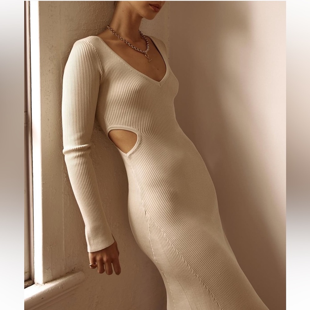 Dissh Long Sleeve Cream Ribbed Knit Dress